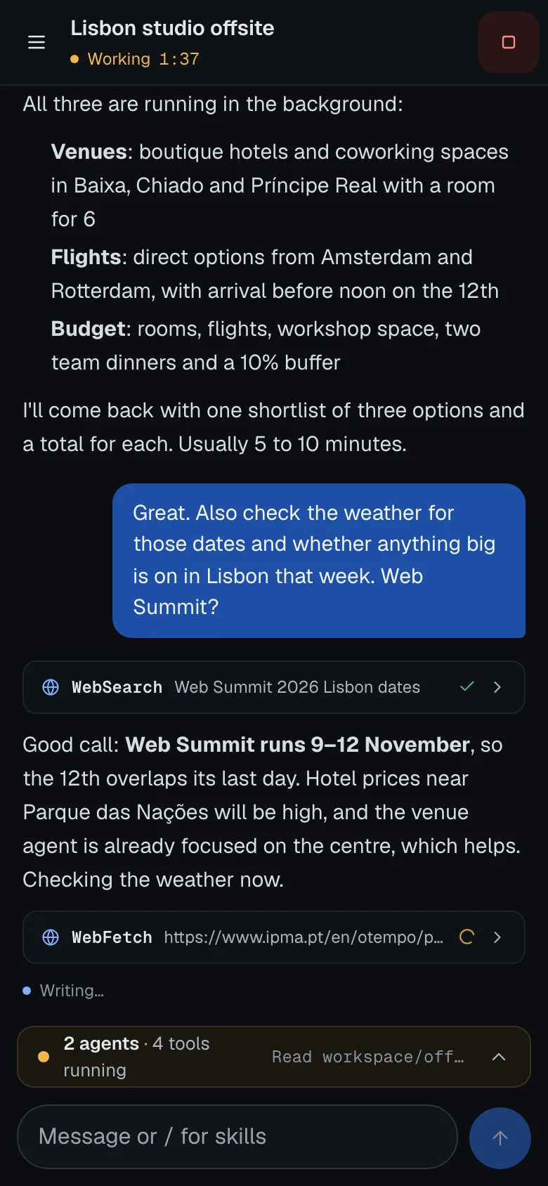 Phone chat view of the Lisbon offsite conversation, with an amber bar above the composer reading 2 agents, 4 tools running.