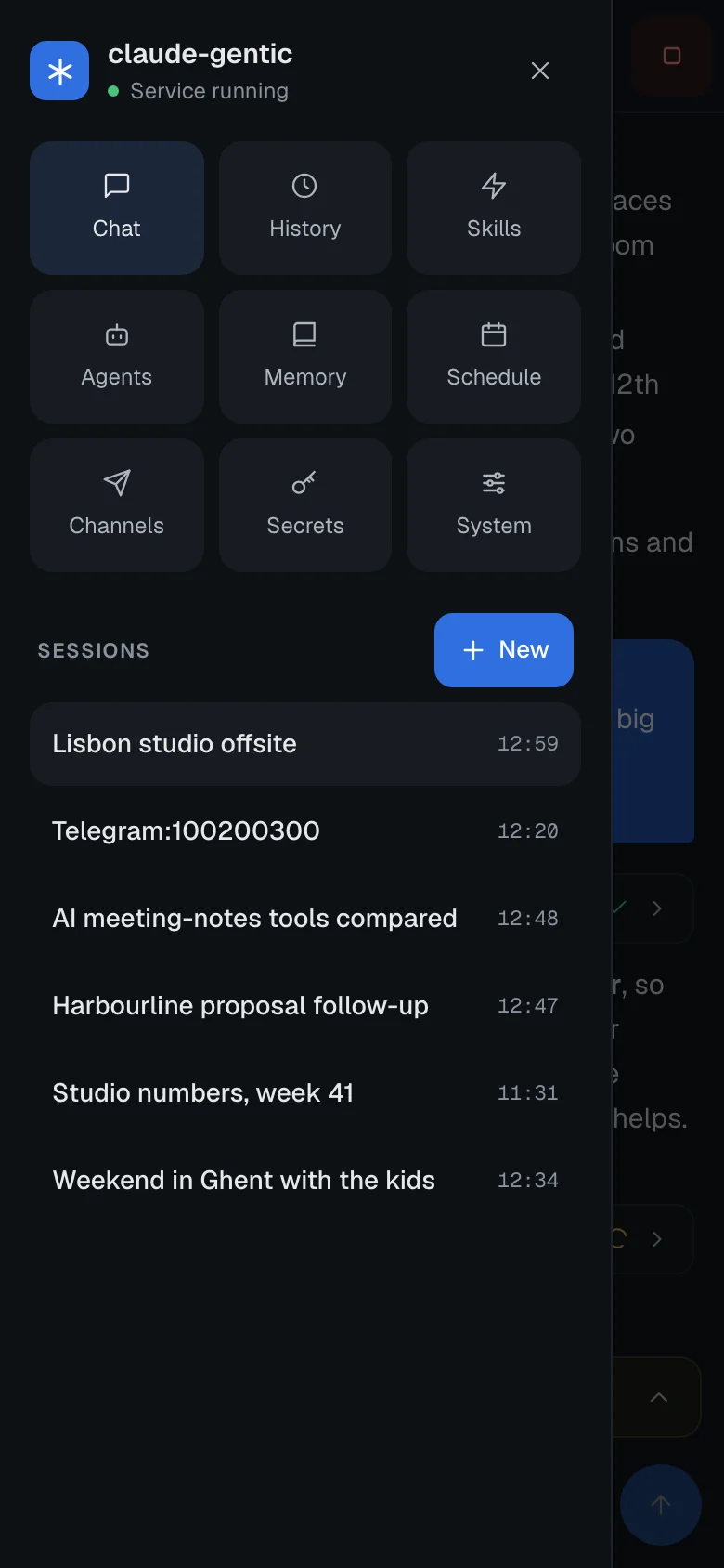 Phone navigation drawer with a grid of nine pages (Chat, History, Skills, Agents, Memory, Schedule, Channels, Secrets, System) and the list of recent sessions.
