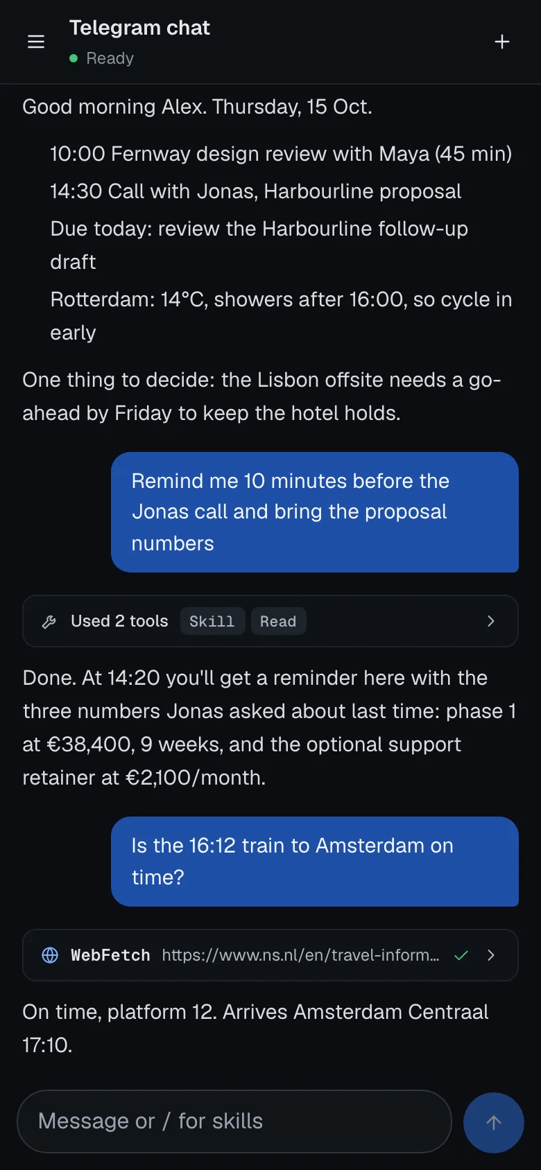 Phone view of a Telegram conversation in the web panel: a morning briefing, a reminder set for a client call and a train-status check.