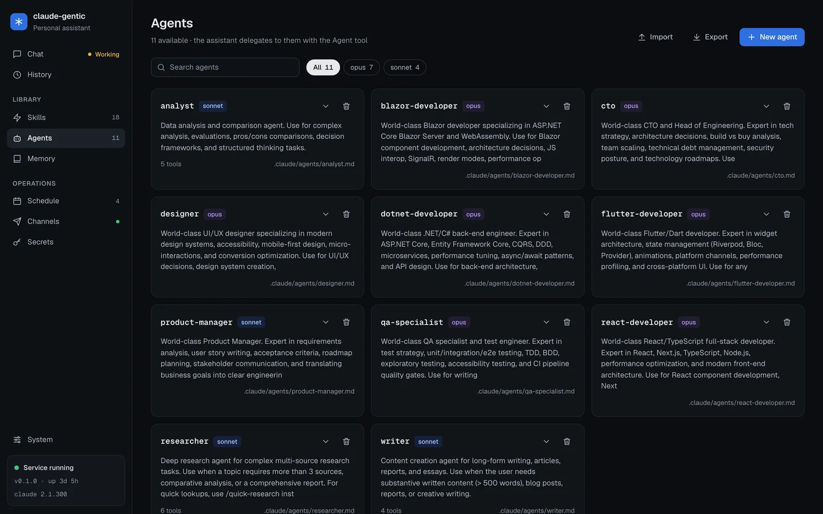Agents page with eleven agent cards such as analyst, cto, designer, researcher and writer, each tagged with its model (opus or sonnet) and a short description.