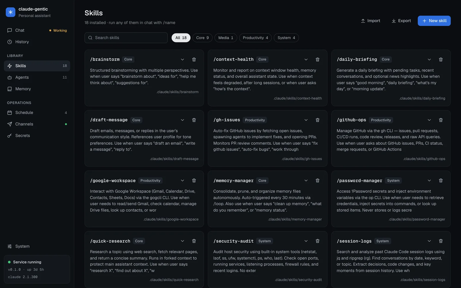 Skills page with 18 installed skills in a card grid, such as /brainstorm, /daily-briefing, /draft-message and /quick-research, filterable by category.
