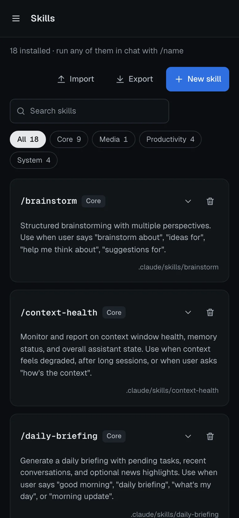 Phone Skills page with category filters and cards for /brainstorm, /context-health and /daily-briefing.