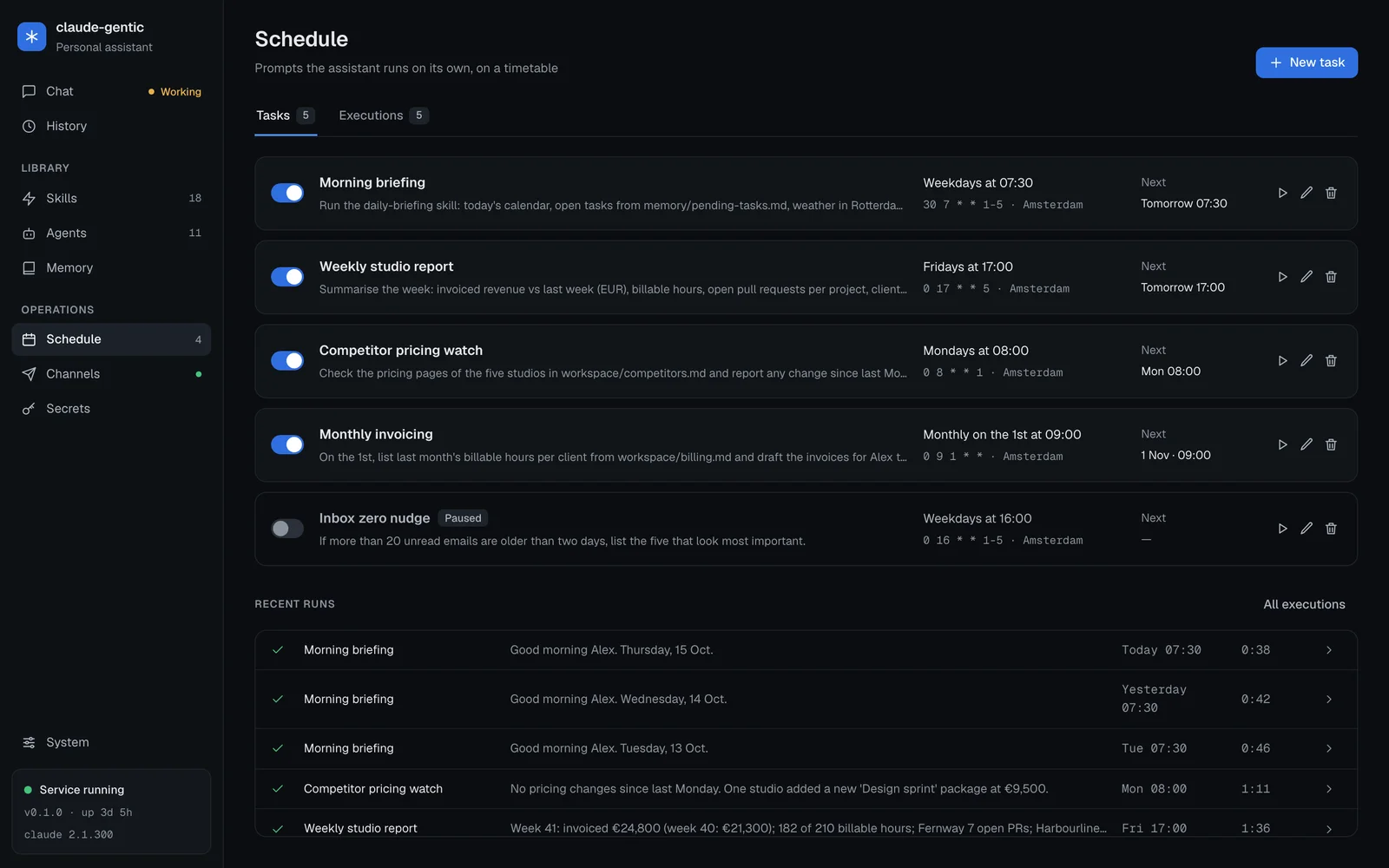 Schedule page listing five tasks (Morning briefing, Weekly studio report, Competitor pricing watch, Monthly invoicing and a paused Inbox zero nudge) with their next run times and recent successful runs.