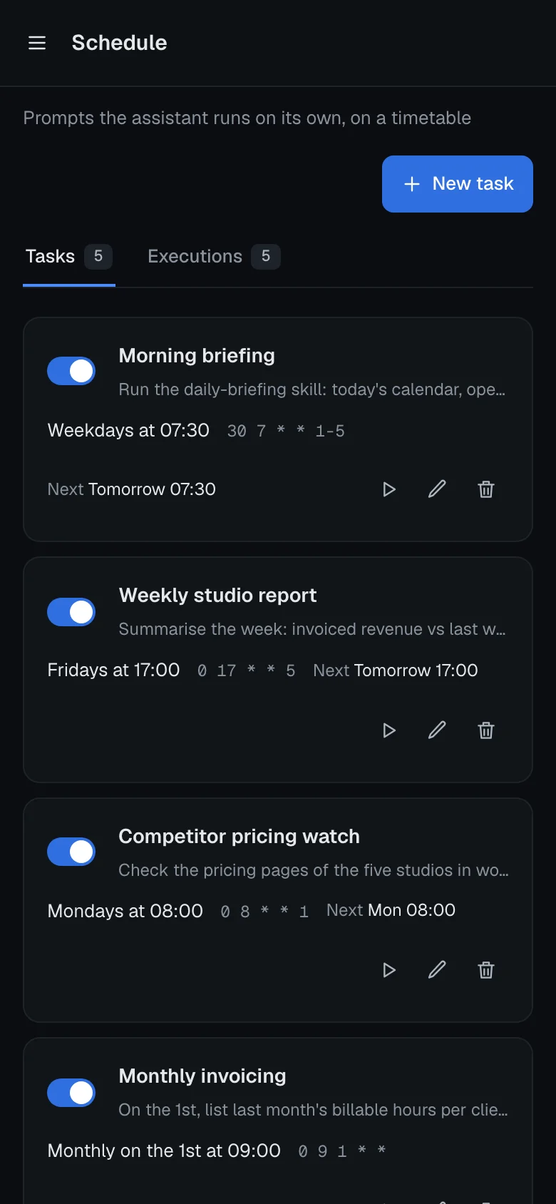Phone Schedule page with toggles for the Morning briefing, Weekly studio report, Competitor pricing watch and Monthly invoicing tasks.