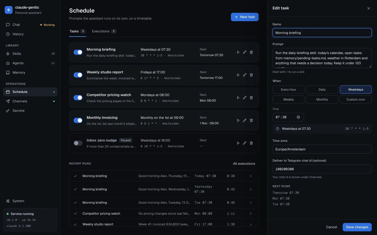 Edit task panel for Morning briefing: the prompt, a Weekdays preset at 07:30, time zone Europe/Amsterdam, a Telegram chat id for delivery and the next three runs.