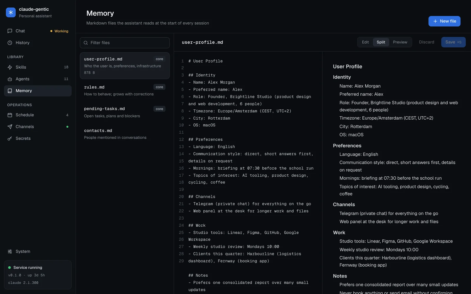 Memory page with user-profile.md open in a split editor: markdown source on the left and a rendered preview on the right, showing the profile of a fictional user, Alex Morgan.