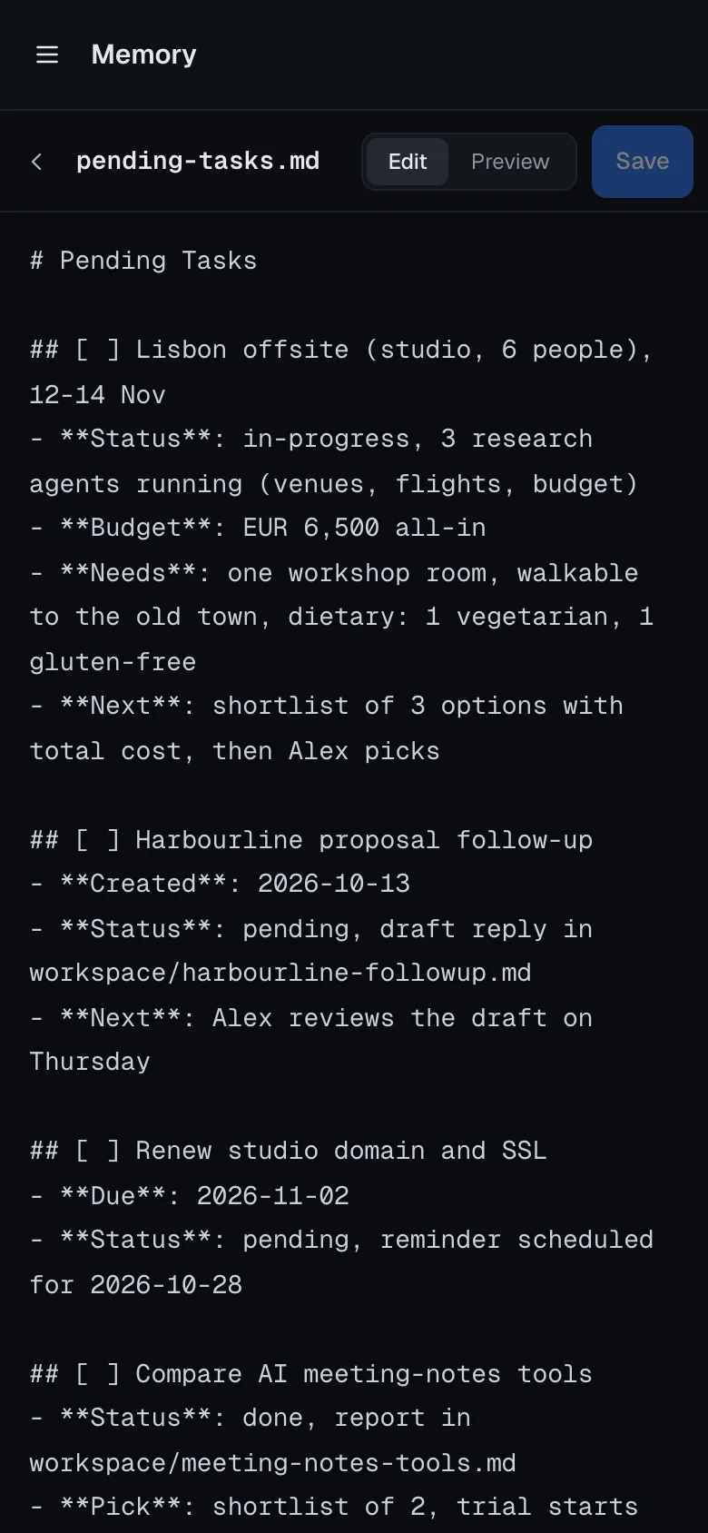 Phone editor showing pending-tasks.md with open tasks: the Lisbon offsite, a proposal follow-up and a domain renewal.