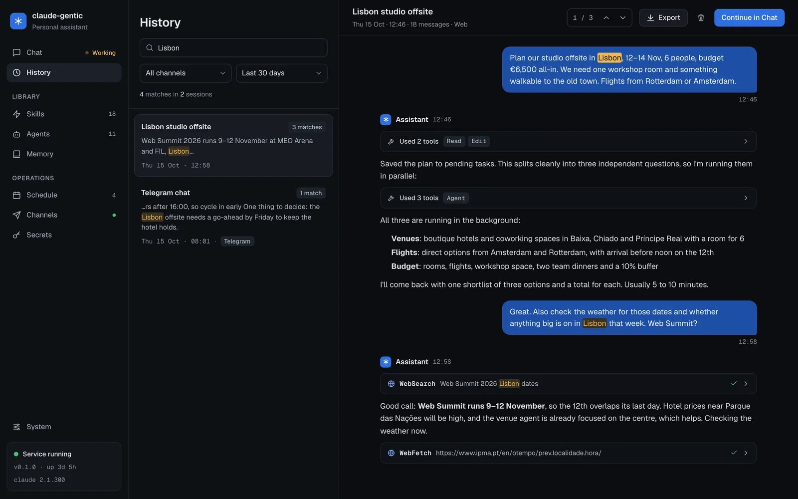 History page with a search for Lisbon: 4 matches in 2 sessions, and the Lisbon studio offsite conversation open with the matches highlighted.