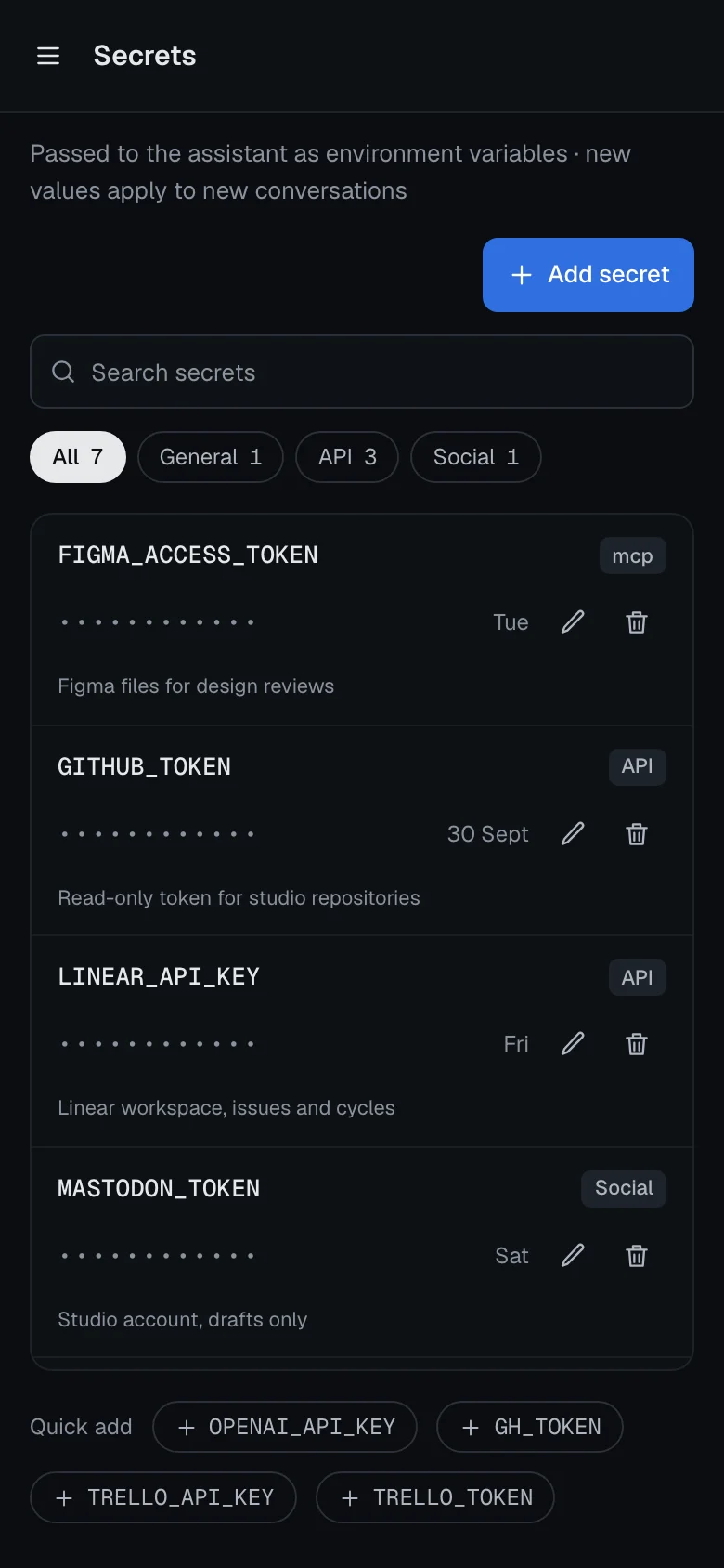 Phone Secrets page with masked values for FIGMA_ACCESS_TOKEN, GITHUB_TOKEN, LINEAR_API_KEY and MASTODON_TOKEN.