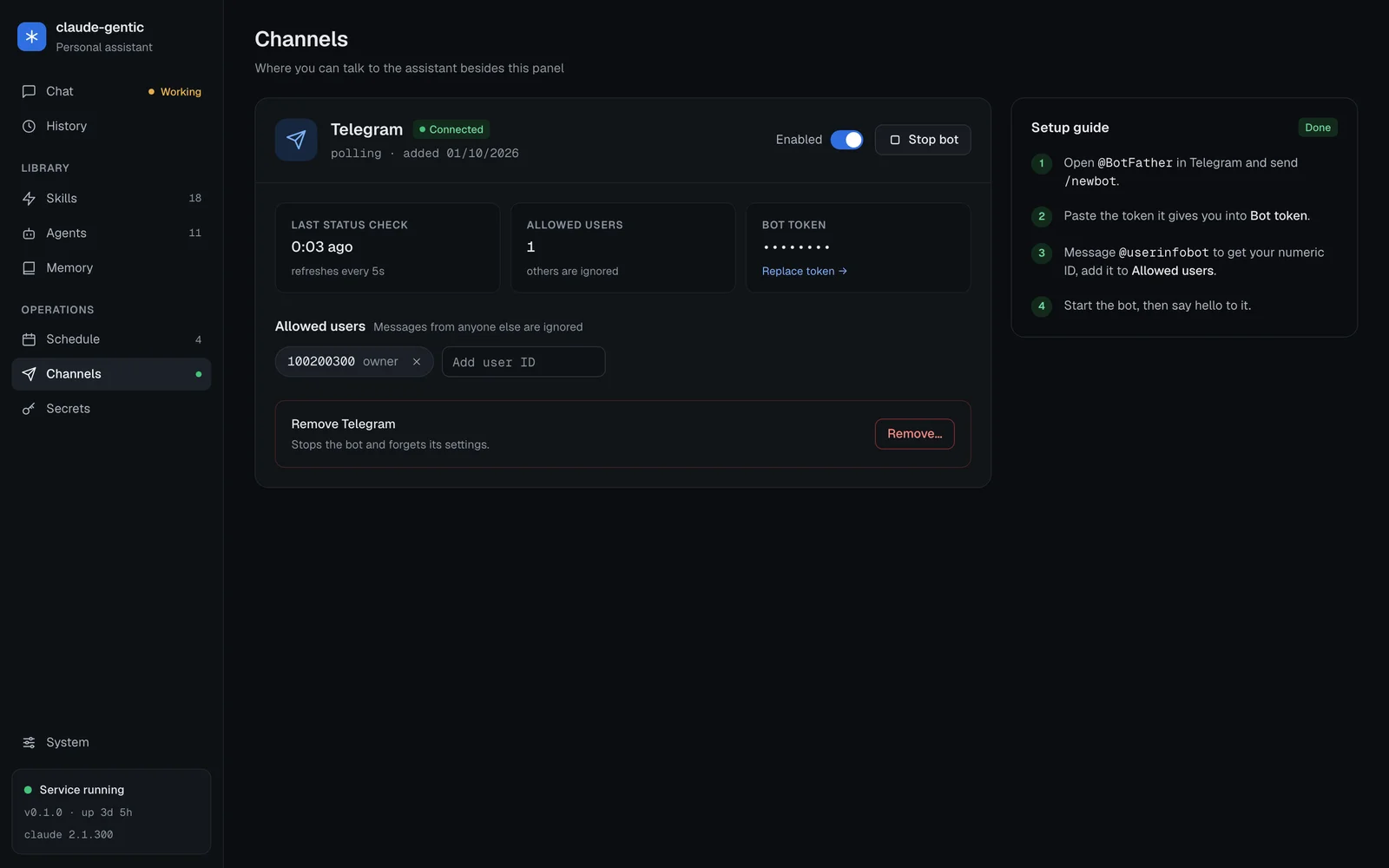 Channels page showing a connected Telegram bot with one allowed user, a masked bot token and a completed four-step setup guide.