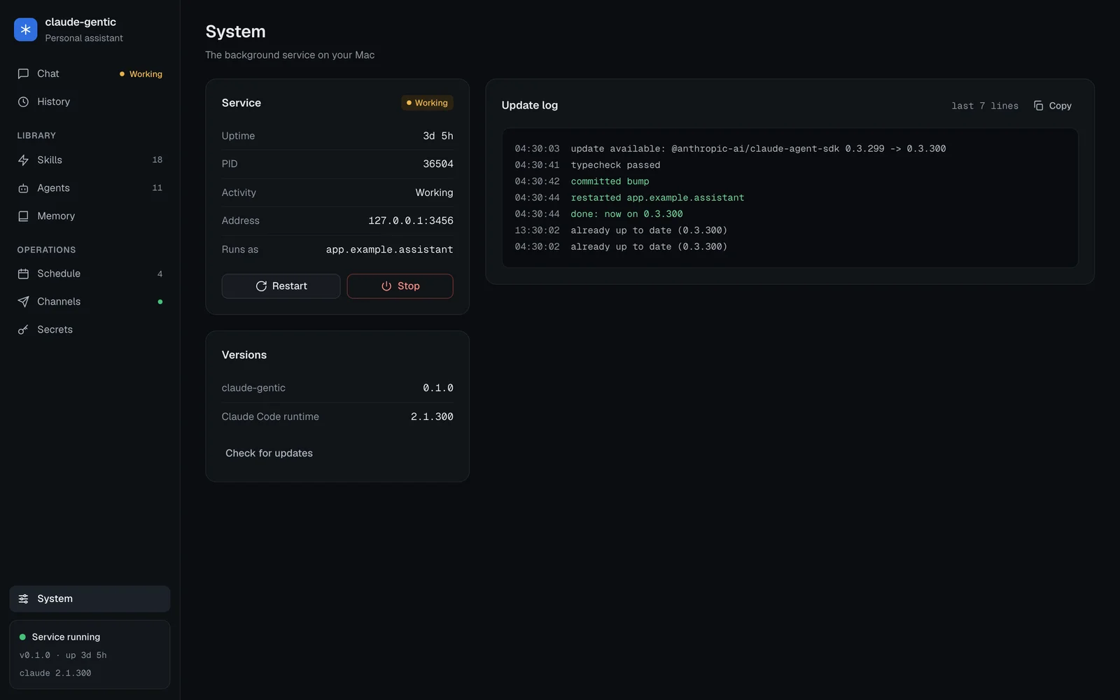 System page showing the service running for 3 days, the claude-gentic and Claude Code runtime versions, and an update log with an automatic SDK update, typecheck and restart.