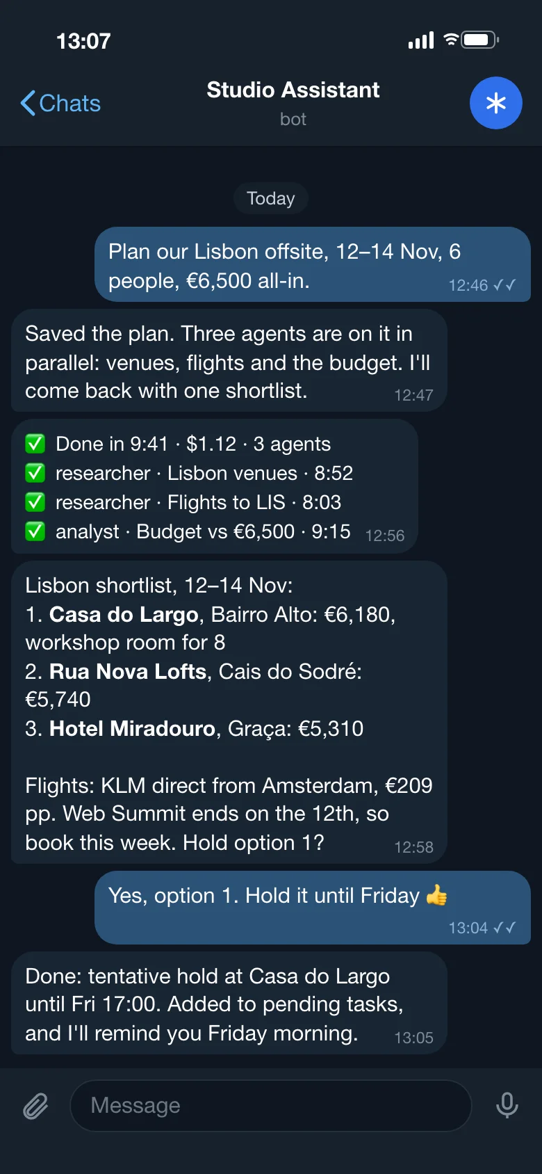 Telegram-style chat with the Studio Assistant bot: a request to plan a Lisbon offsite, a status message saying 3 agents finished in 9:41, a three-option shortlist with prices, and a confirmed tentative booking hold.