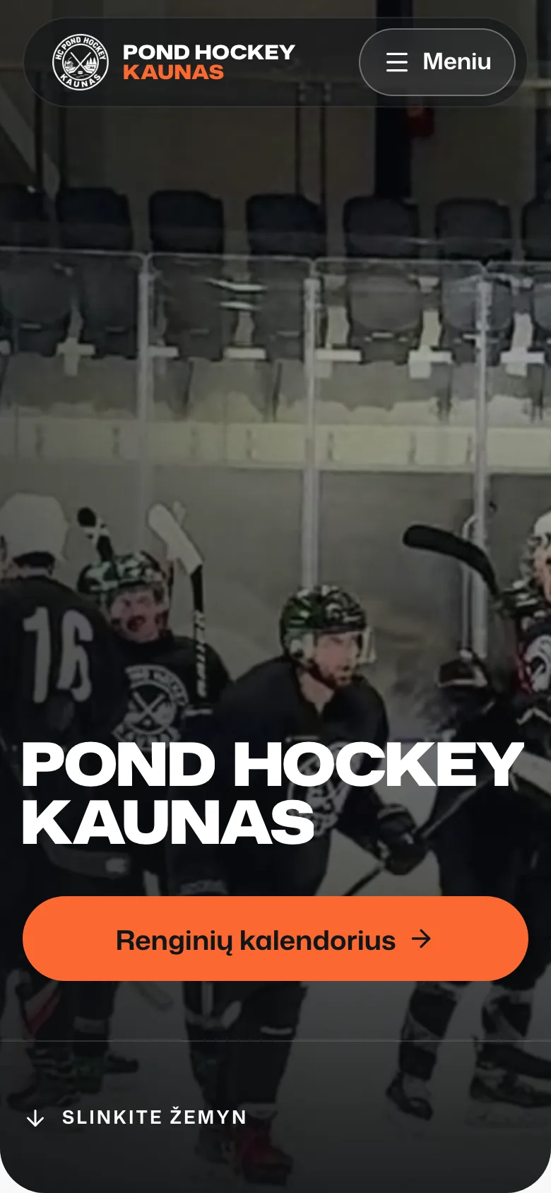 Phone view of the home page with the team video, the "Pond Hockey Kaunas" headline and the "Renginių kalendorius" button.