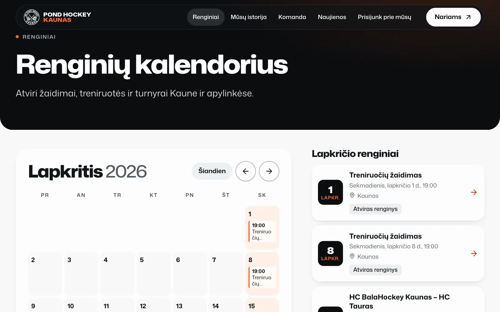 Event calendar for November 2026: a month grid with Sunday training games and league games marked, next to an agenda list of the month’s events with date, time and place.