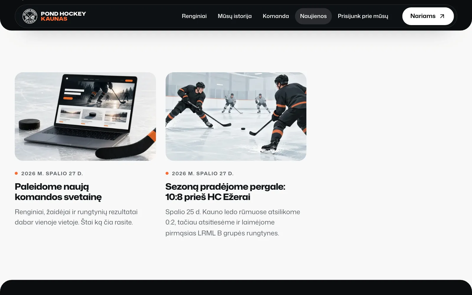 News page "Naujienos" with two articles: the launch of the new team website and the season-opening 10:8 win against HC Ežerai.