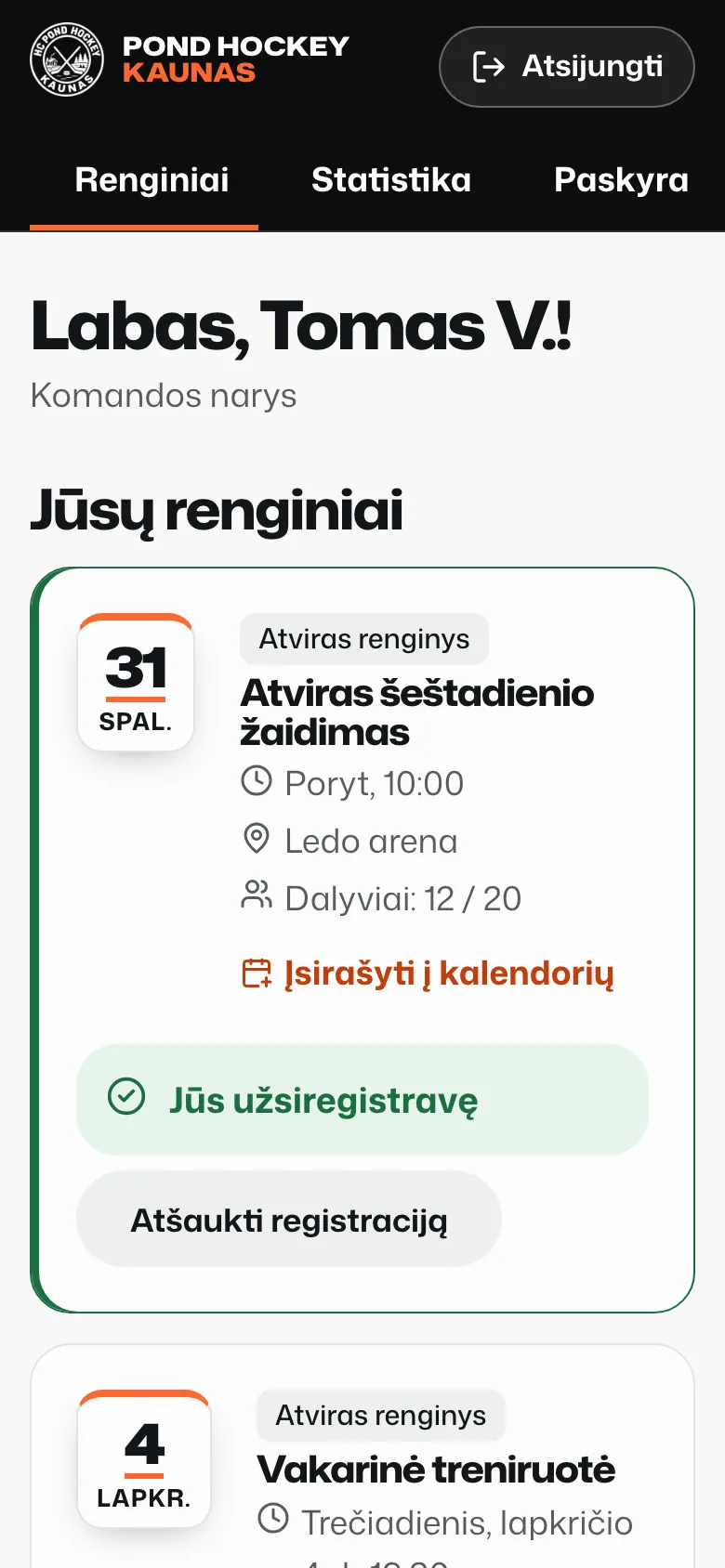Member portal on a phone with demo data: a greeting, a registered event with "Dalyviai: 12 / 20" (participants) and "Jūs užsiregistravę" (you are registered), and a full training session with the member on the waiting list.