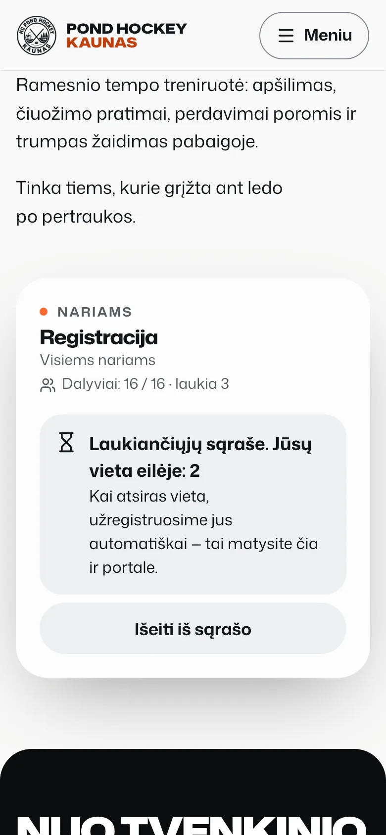 Registration panel on an event page with demo data: "Dalyviai: 16 / 16 · laukia 3" (16 of 16 places, 3 waiting) and "Jūsų vieta eilėje: 2" (your place in line: 2), with a button to leave the list.
