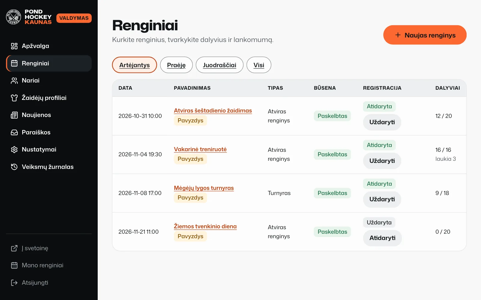 Admin events list with demo data: date, title, type, status, an open or closed registration with an "Uždaryti / Atidaryti" (close / open) button, and participants such as 16 / 16 with 3 waiting.