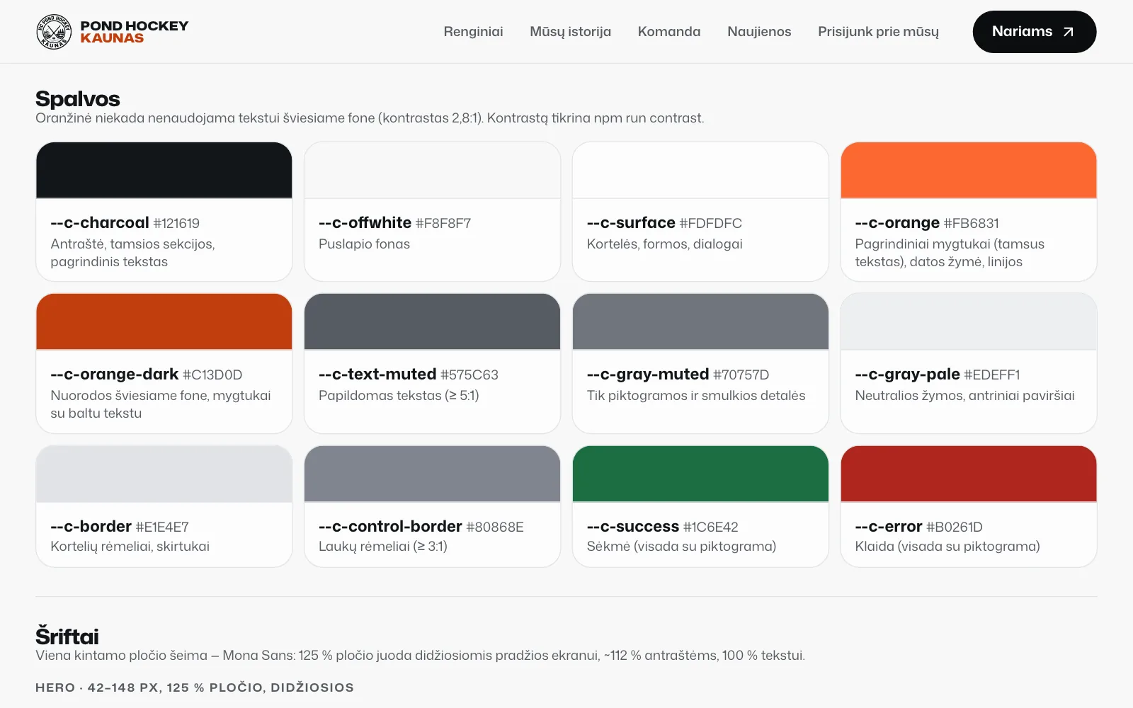Design system page "Dizaino sistema": colour tokens such as charcoal, off-white, orange and success, each with its hex value and where it may be used.