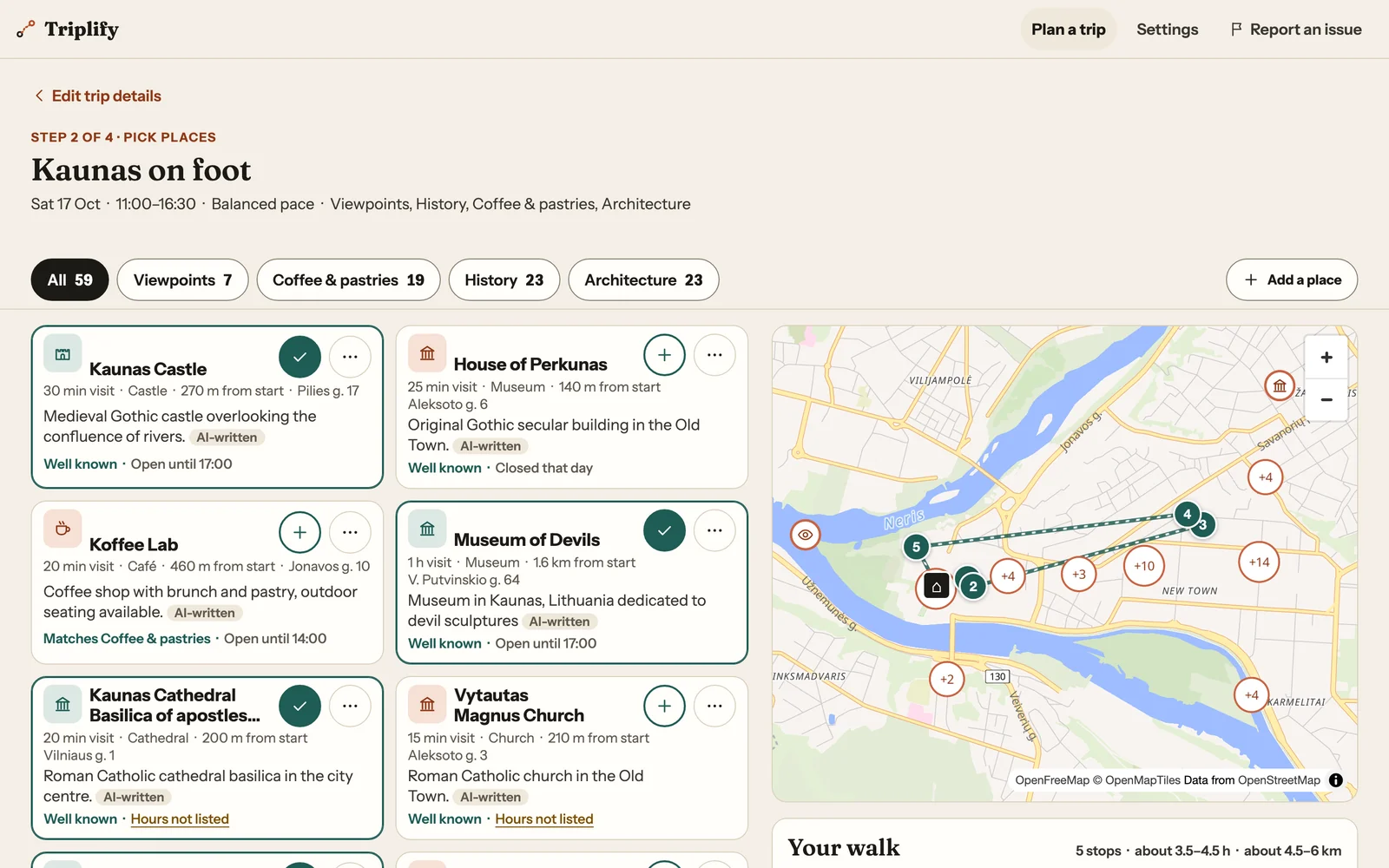 Desktop pick screen for a walk in Kaunas Old Town: suggestion cards such as Kaunas Castle and the Museum of Devils, five kept, next to a map with numbered stops.
