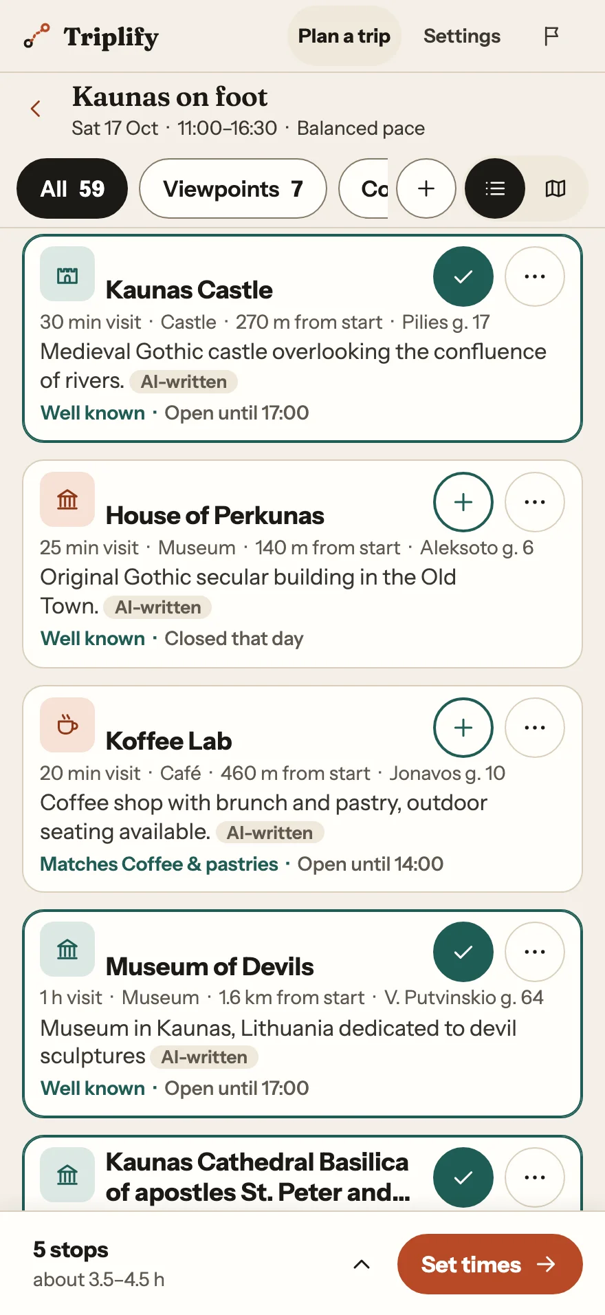 Phone view of Kaunas walk suggestions with Kaunas Castle kept, opening hours shown, and a bar reading 5 stops, Set times.