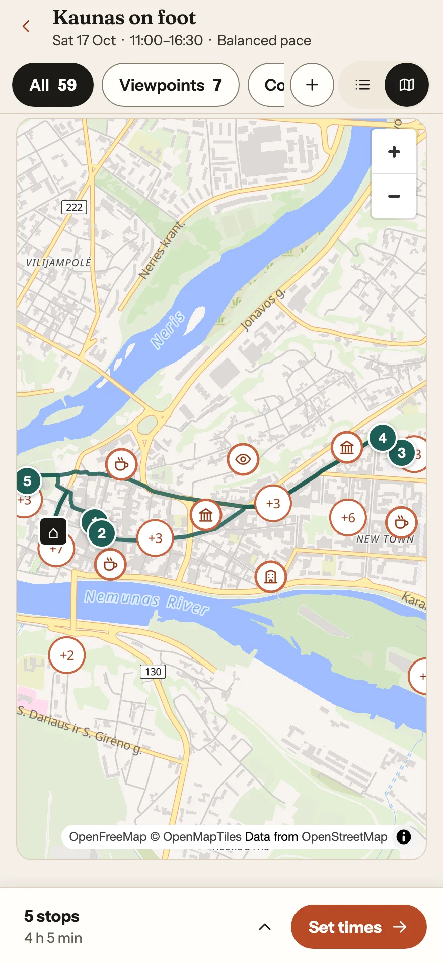 Phone map of central Kaunas with five numbered stops joined by a walking route between the Neris and Nemunas rivers.