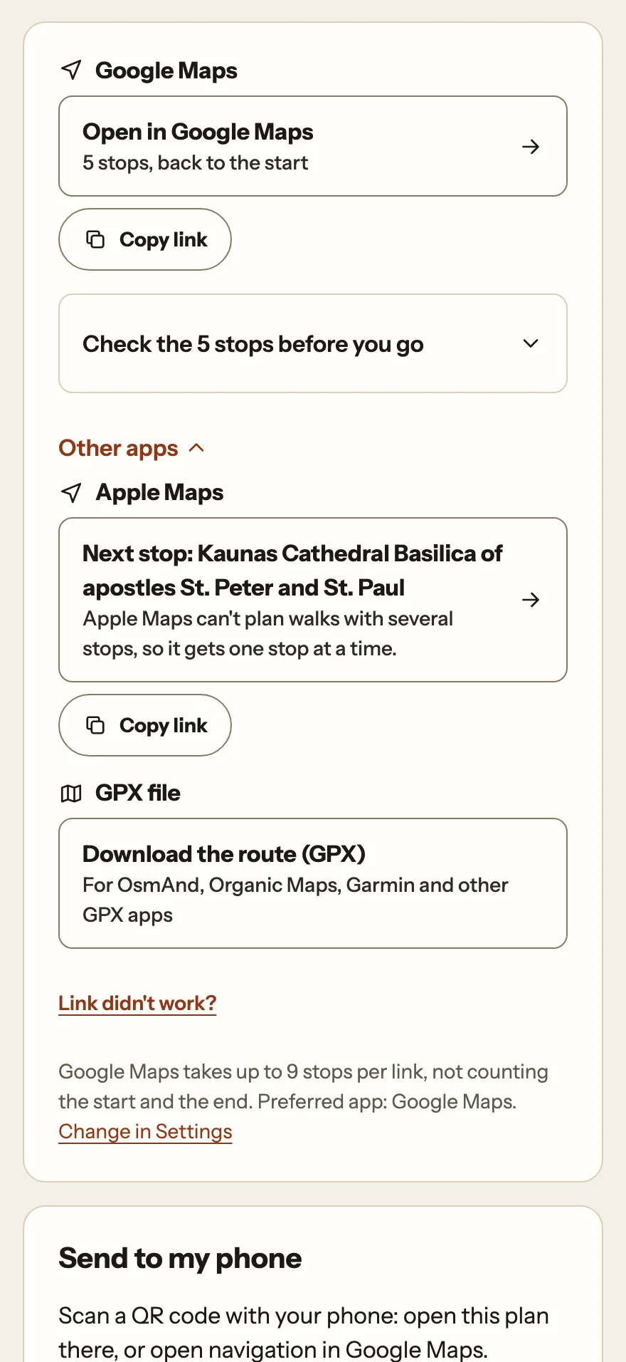 Phone handoff screen with buttons to open the walk in Google Maps, the next stop in Apple Maps, and a GPX download.