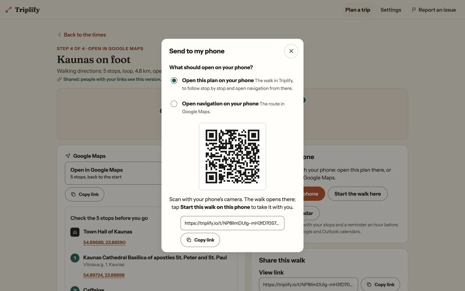 Desktop dialog titled Send to my phone, with a QR code and a triplify.io share link for the Kaunas walk.