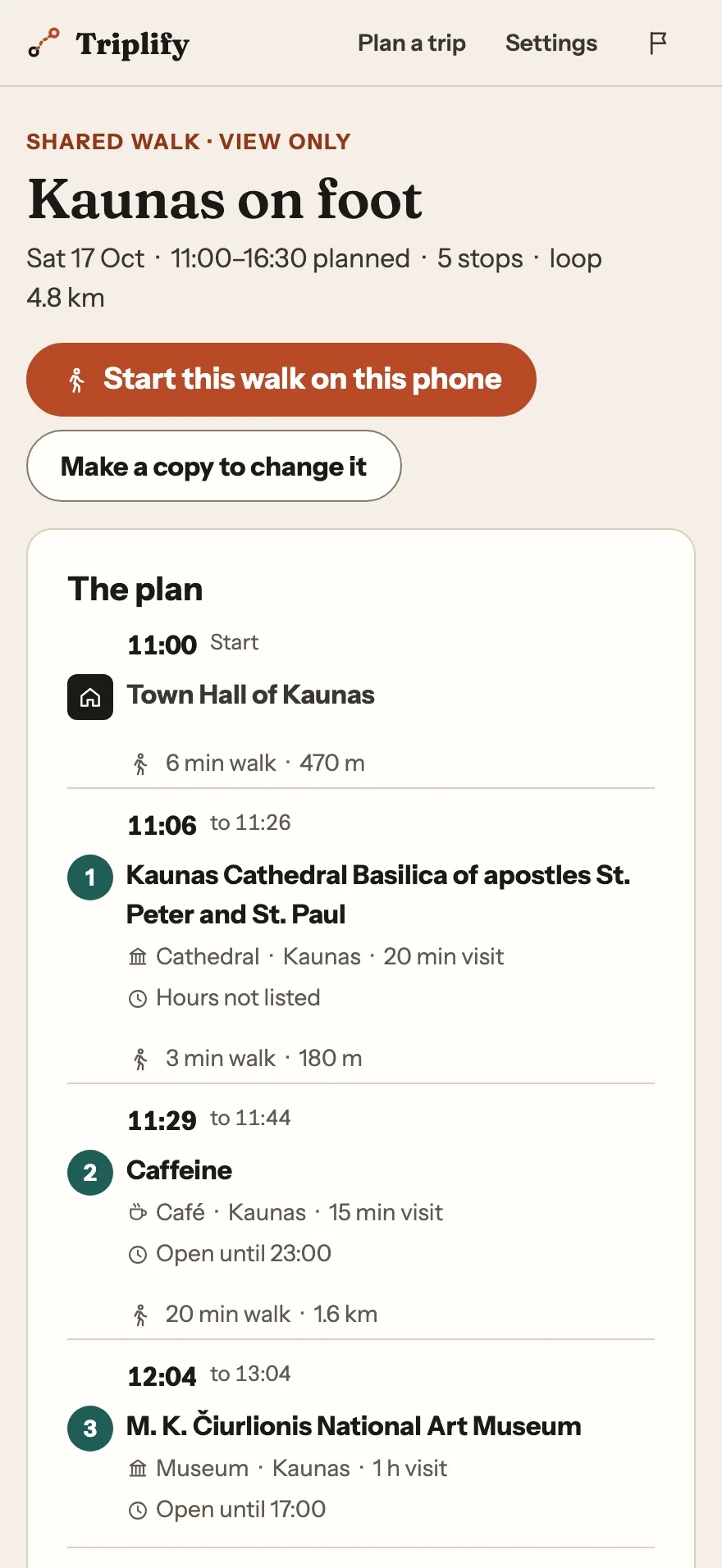 Shared walk page on a phone: Kaunas on foot, view only, with Start on this phone and the timed plan.