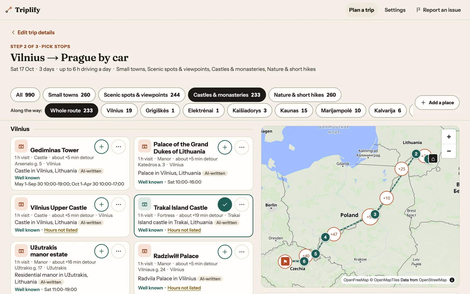 Desktop pick screen for the Vilnius to Prague drive, filtered to castles and monasteries, with a map of the route across Lithuania, Poland and Czechia.